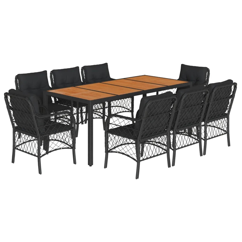 Set da Pranzo da Giardino 9 pz con Cuscini Nero in Polyrattan 3212047
