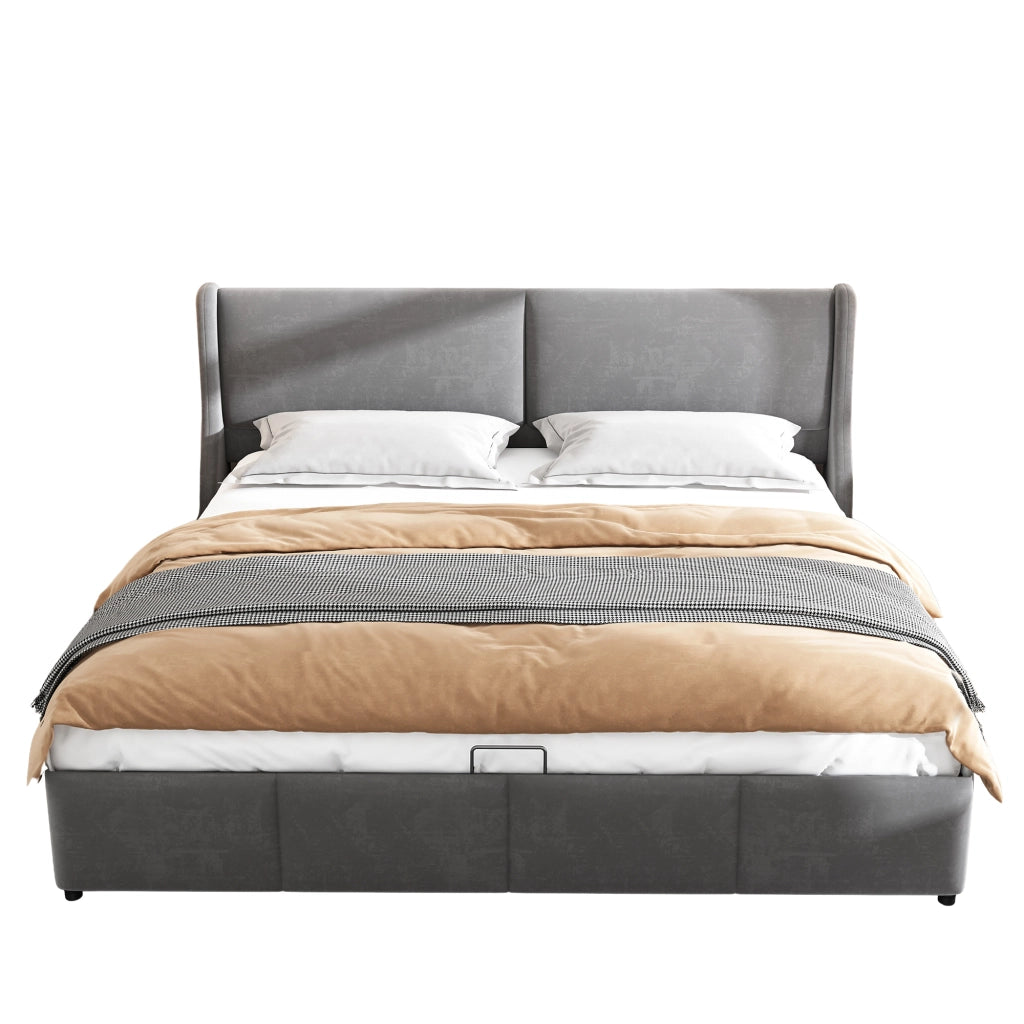 Letto imbottito matrimoniale 160x200 grigio con contenitore e sollevamento idraulico