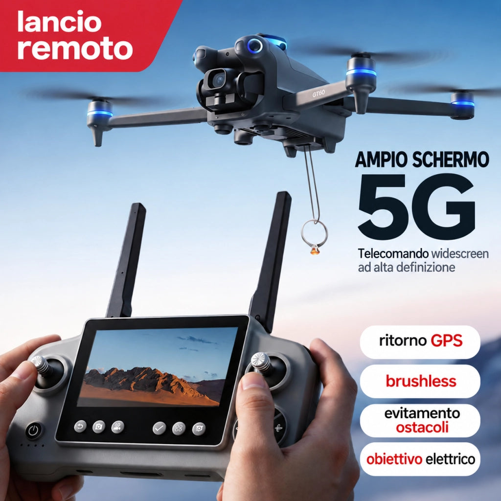 Drone pieghevole con telecamera GT60 720P GPS 3 batterie 3.7V 2650mAh 60 min schermo 4.3 evitatore ostacoli 245g gimbal 90 gradi 5G 12+ EIS borsa 6 CH