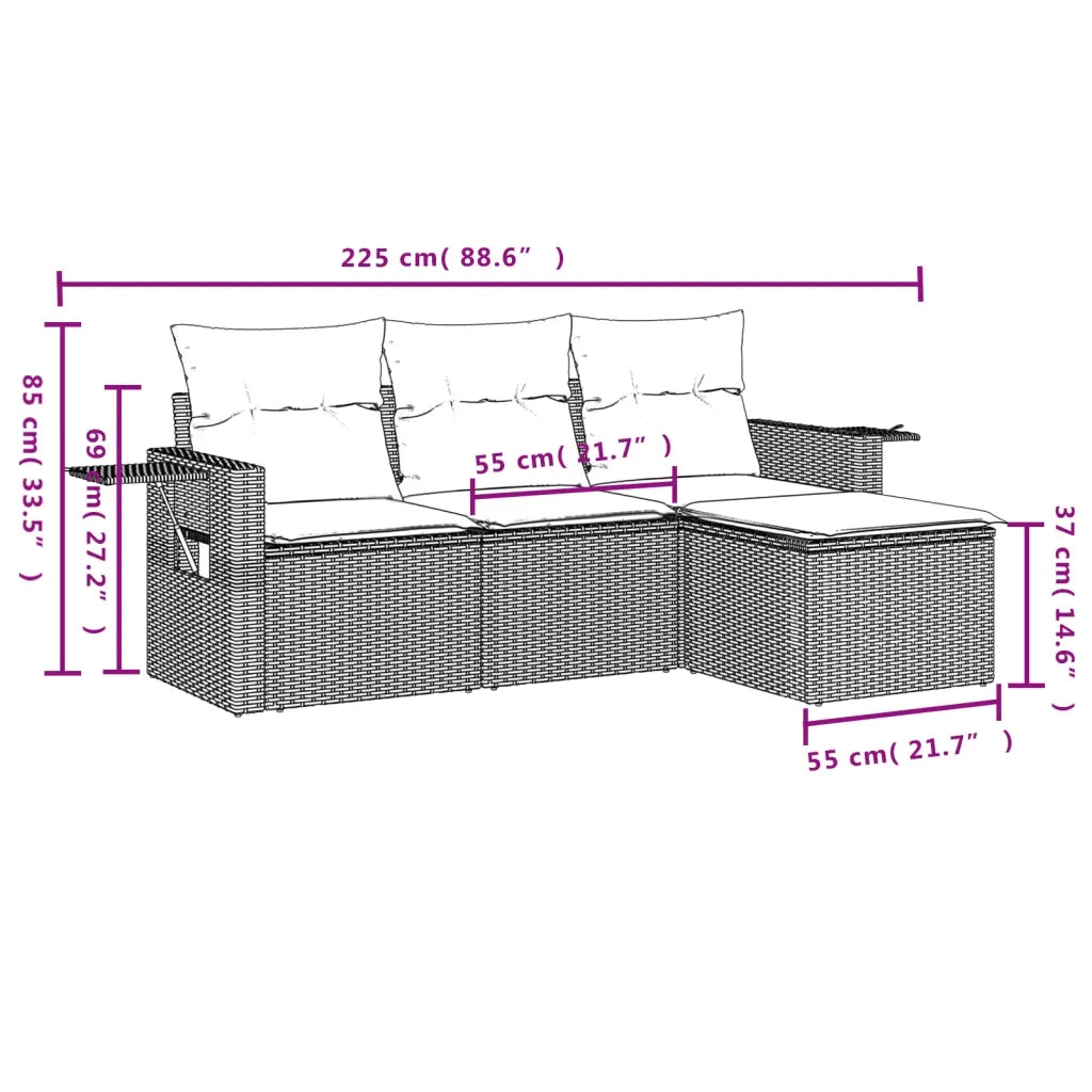 Set Divano da Giardino 4pz con Cuscini Grigio Chiaro Polyrattan