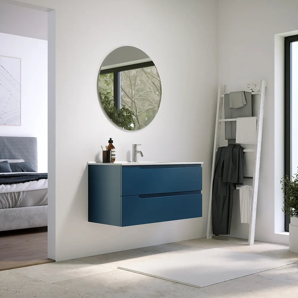 Mobile bagno sospeso 90 cm due cassetti blu zaffiro opaco con lavabo | Ardenne
