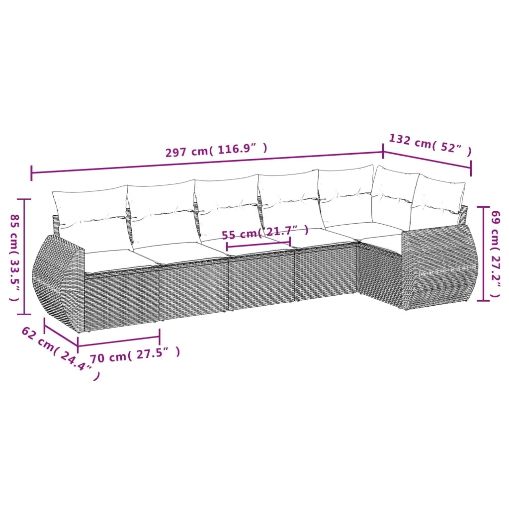 Set Divano da Giardino 6 pz con Cuscini Grigio in Polyrattan