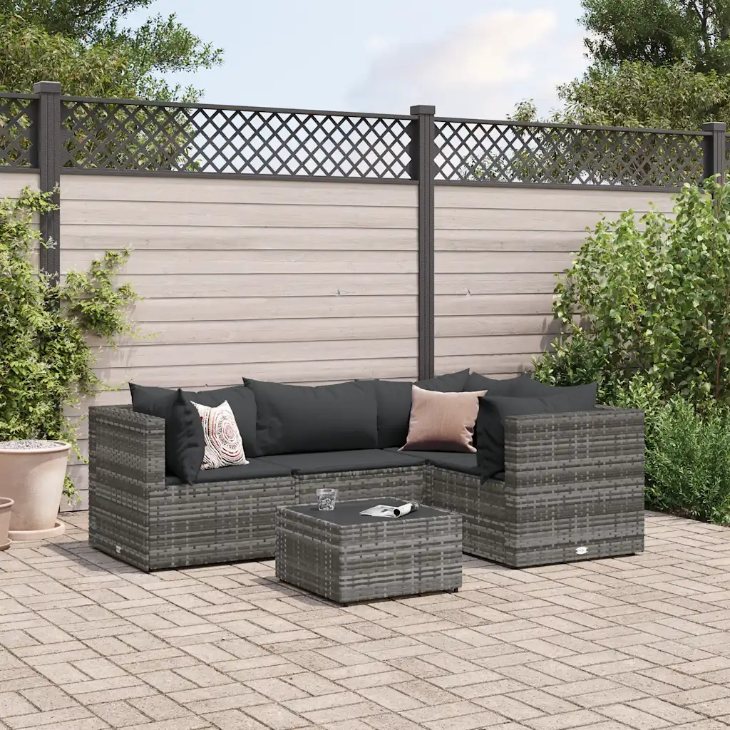 Set Divani da Giardino 5 pz con Cuscini in Polyrattan Grigio