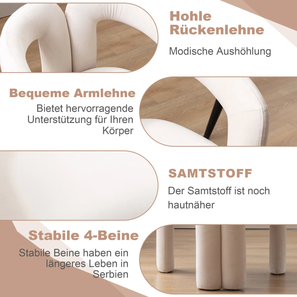 Sedia da pranzo con Schienale Avvolgente e Braccioli, Design Moderno, in Velluto Beige