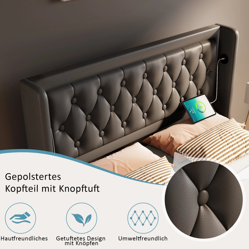 LETTO Contenitore 140x200 cm in PU Nero con USB e LED