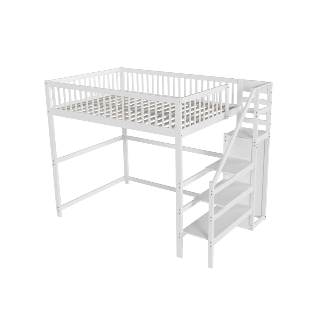 Letto a soppalco 140x200 con scala - Zephmum - Bianco, scaffale di stoccaggio, armadio semplice