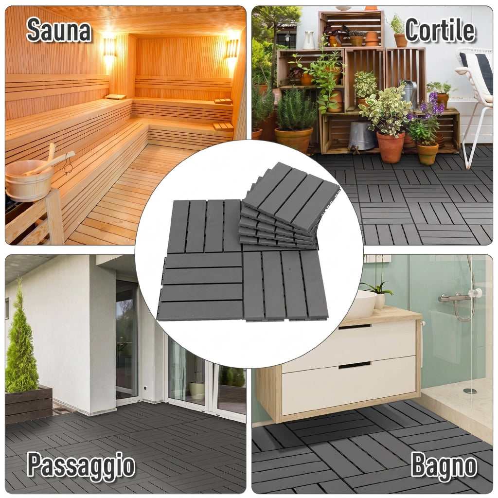Set 9 Mattonelle a Incastro per Terrazzo, Piastrelle per Pavimenti, Piastrelle per Esterno in PP Antiscivolo, Area: 0.81 mq, 30x30x2cm, Nero