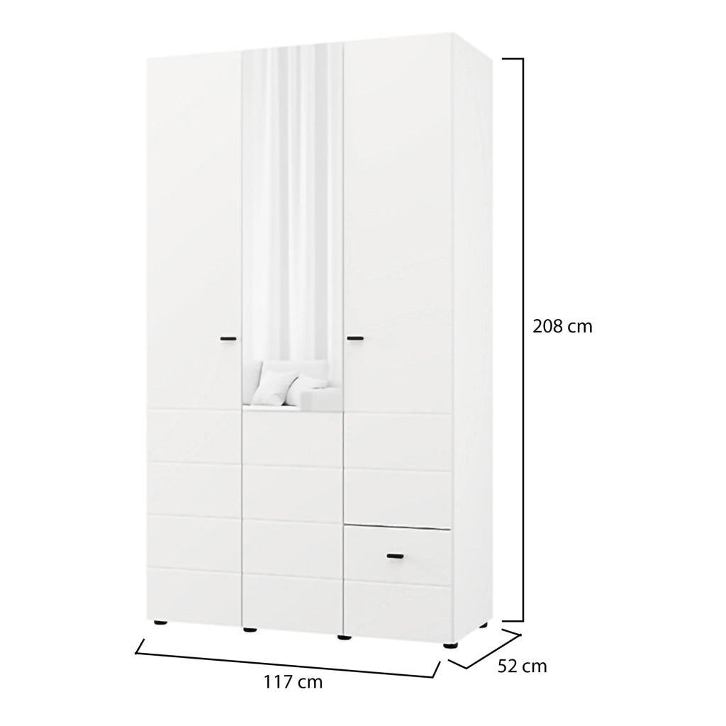 Armadio Camera da Letto Serram, Guardaroba 3 Ante Appendiabiti, 117x52 cm Bianco Opaco