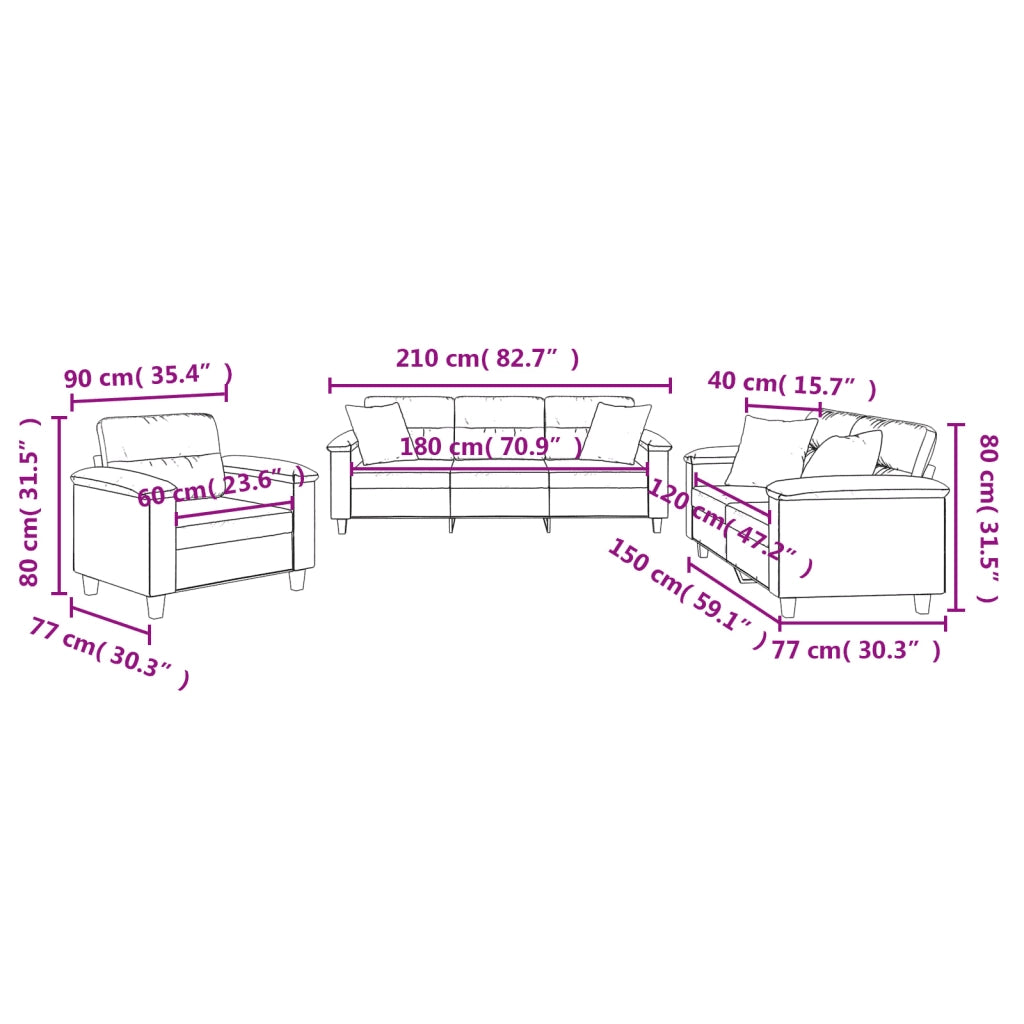 Set Divani 3 pz con Cuscini Nero in Tessuto Microfibra 3202305