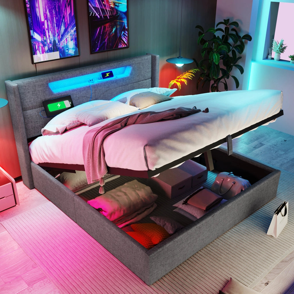 Letto contenitore matrimoniale imbottito 140x200 cm con LED; USB-C; vani portaoggetti e rete a doghe; rivestimento in lino