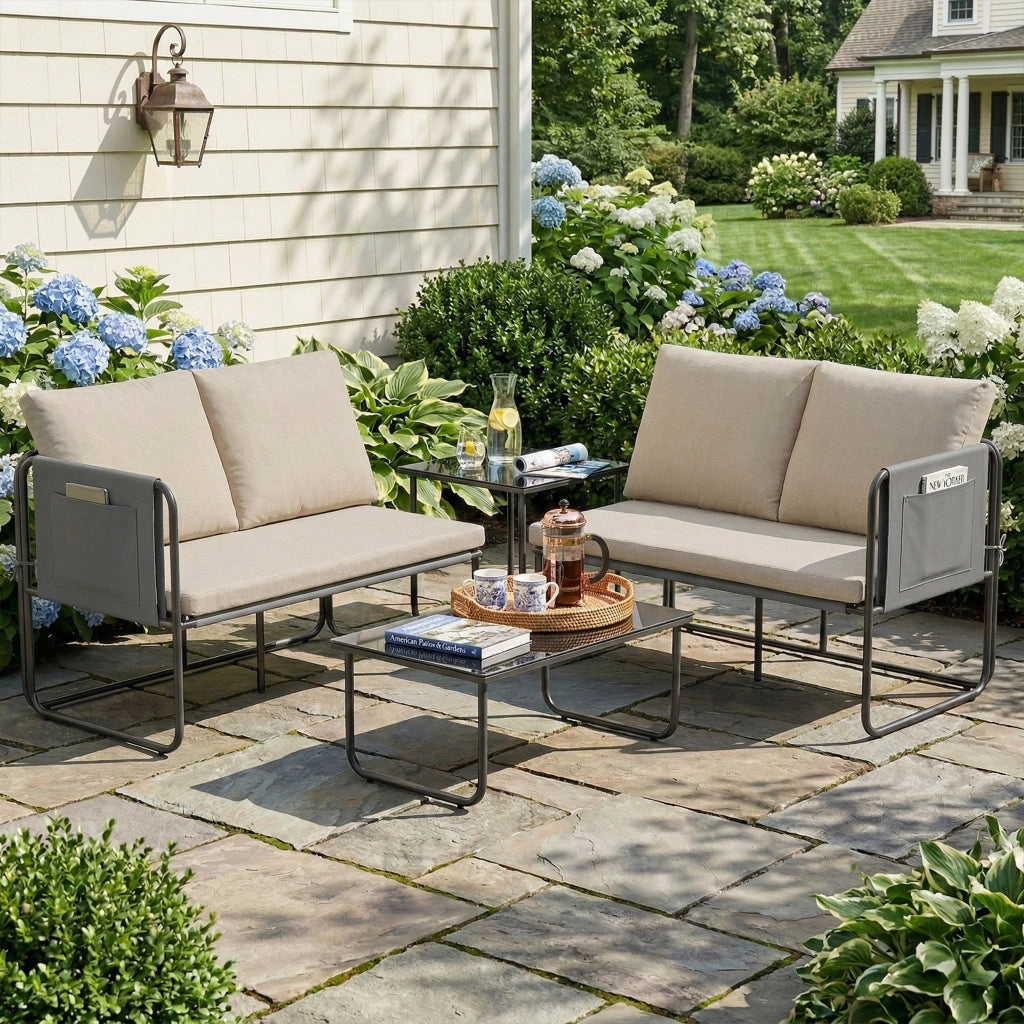 Set Giardino 4 Pezzi con 2 Divani 2 Posti e 2 Tavolini ¨C Minimal ¨C Tessuto Caqui