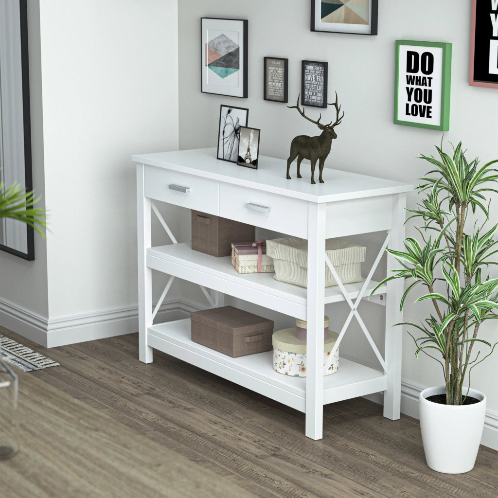 Tavolo console con 2 cassetti e ripiani ¨C Minimal ¨C Bianco 105x40x76 cm