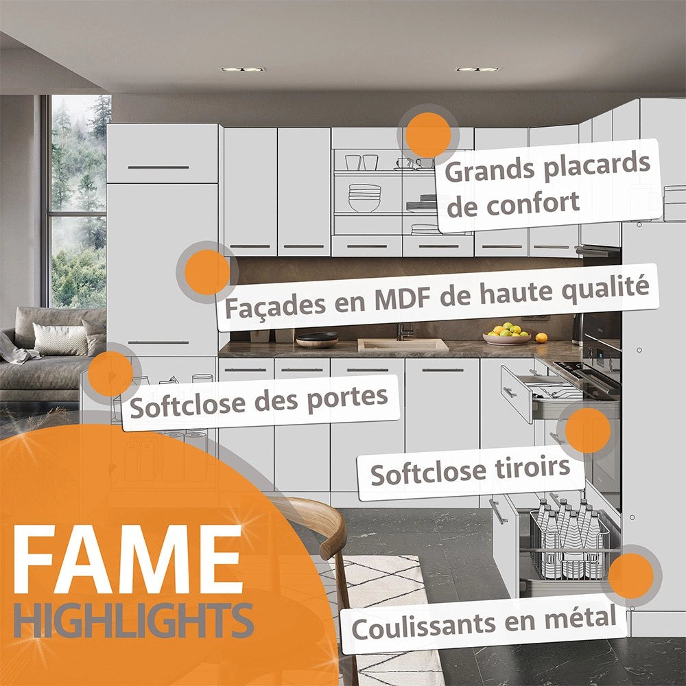 Cucina completa Fame-Line Bianco rustico/Bianco 140 cm, PL Marmo Vicco