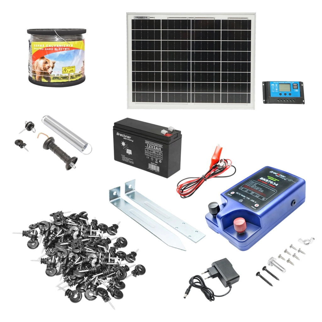 Kit completo per recinzione elettrica 12/220V, 3 Joule con pannello solare da 20W, lunghezza del cavo 1000m, 100 isolatori, kit cancello e batteria 12V/17Ah Breckner Germany