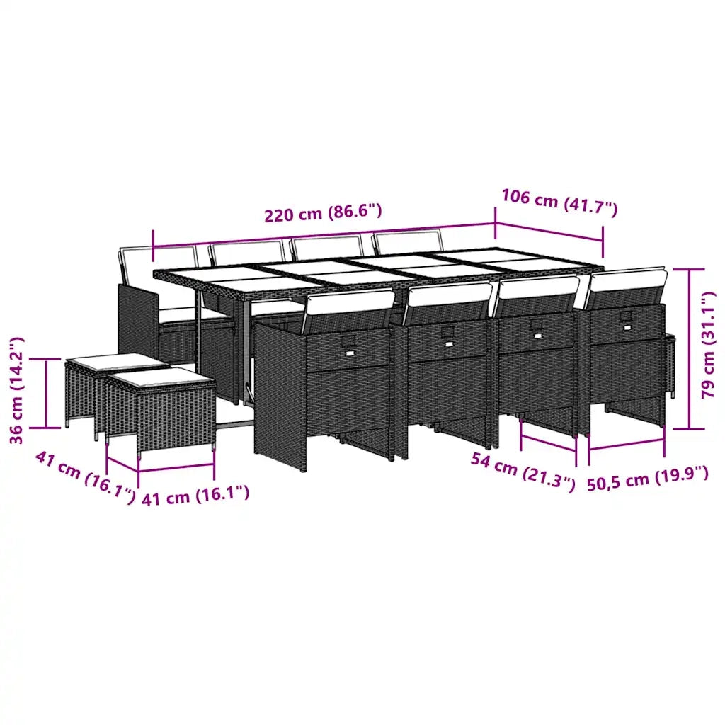 Set da Pranzo da Giardino 13pz con Cuscini Nero in Polyrattan 3210618