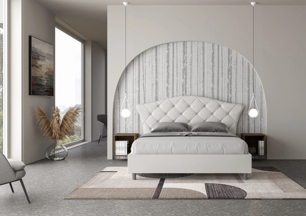 BS COM Letto matrimoniale con rete imbottito 160x190 similpelle bianco