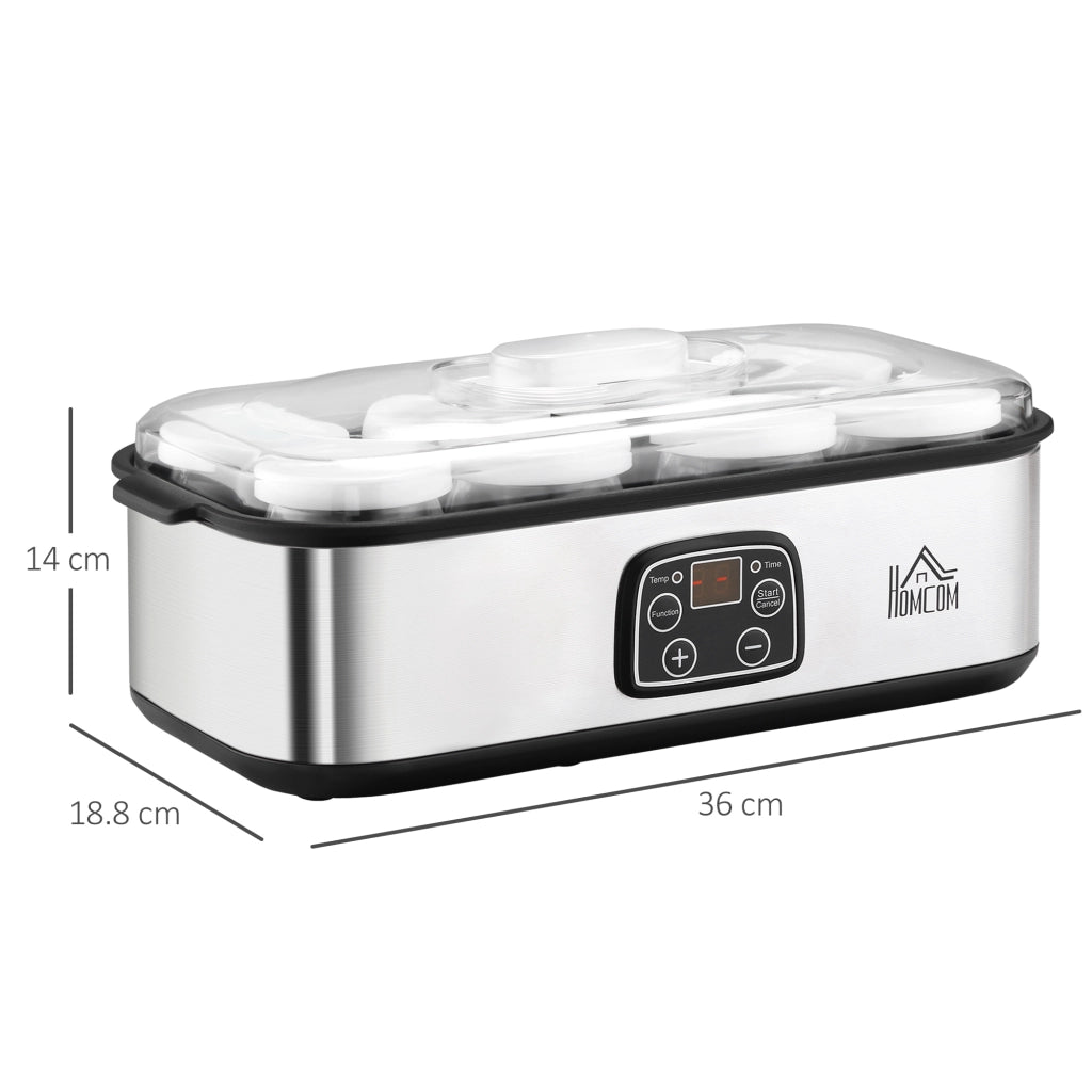 EasyComfort Yogurtiera Elettrica 25W con 8 Vasetti Inclusi, Timer 1-48 Ore e Temperatura Regolabile 20-50°C, 36x18.8x14cm, Argento