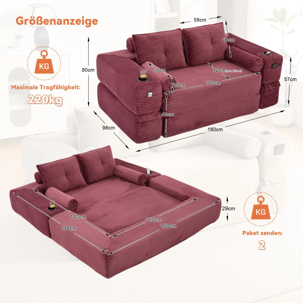 Divano Letto 2 Posti ¨C MINIMAL ¨C Tessuto a Coste, Cuscini Memory, con Tasche e Portabicchieri