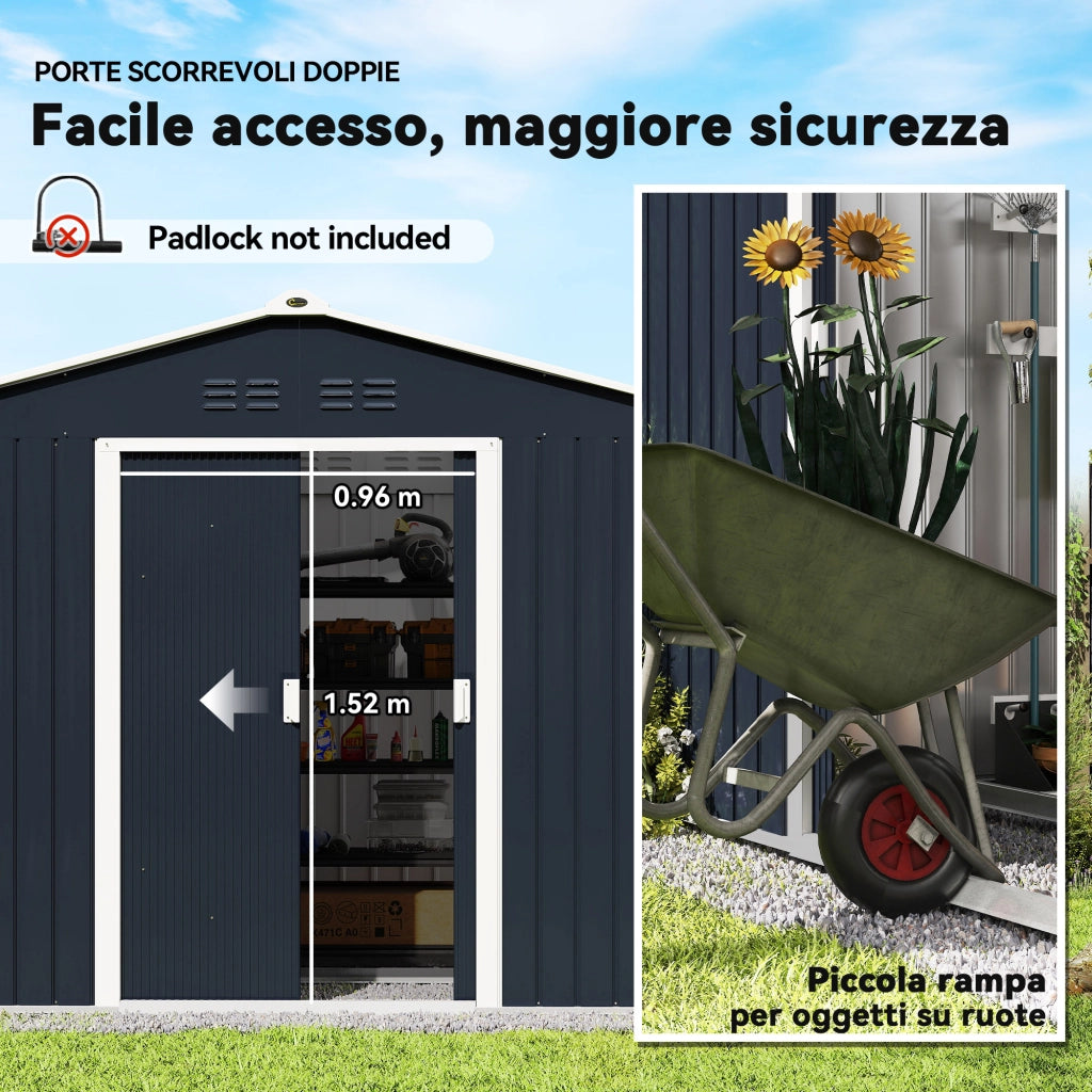 Casetta Porta Attrezzi in Acciaio con Tetto Inclinato e 2 Porte Scorrevoli ¨C zephmum ¨C Grigio Scuro 277x195x192 cm