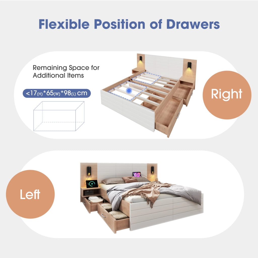 DESMIU Letto con cassetti letto matrimoniale 2 posti con 2 cassetti, lampada da lettura e USB, 180 × 200 cm, senza materasso