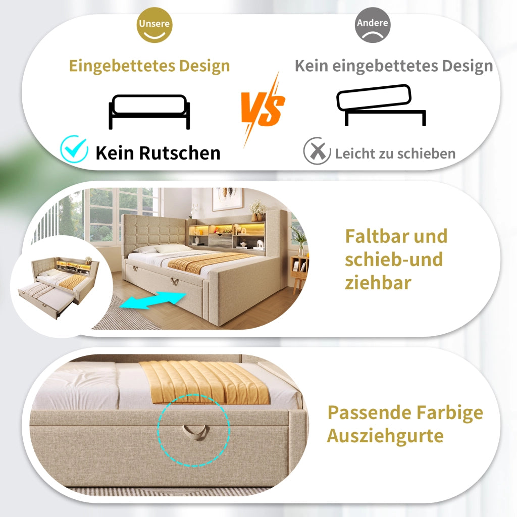 OKWISH Letto a Divano 90×200 cm, Letto Singolo con Letto Estraibile 90×190, LED Regolabile, USB e Tipo C, senza Materasso, Beige
