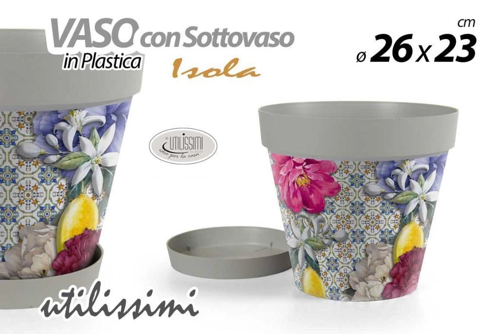 Vaso da Giardino con Sottovaso in Plastica Decoro Isola 26 x 23 cm
