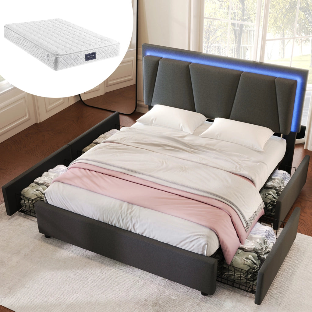 LETTO 140x200 cm grigio con LED e 4 cassetti, testiera regolabile