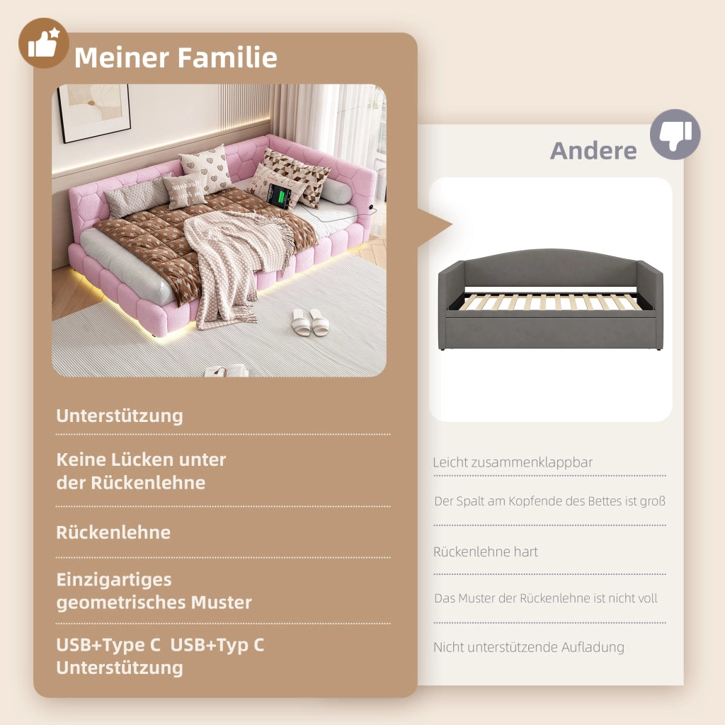 LETTO Daybed 90x200 cm Velluto Rosa con rete a doghe