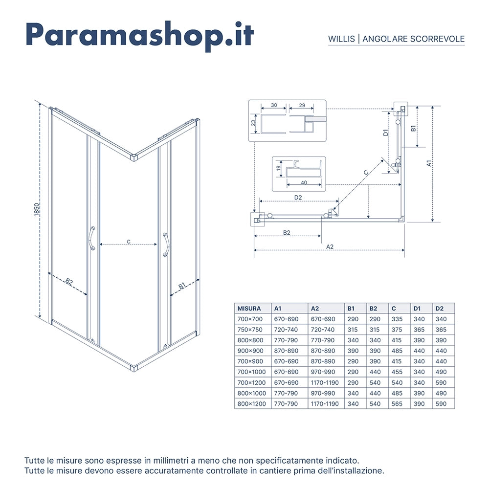 Box doccia angolare 75x75 cm trasparente 4 mm profili neri | Willis