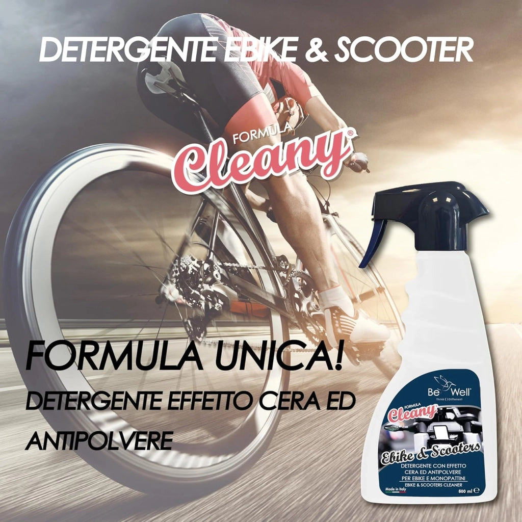 CLEANY Detergente Sgrassante Protettivo per Bicicletta, Ebike, Scooter, Monopattini – EFFETTO CERA Idrorepellente Detergente Professionale Spray 500 ml – Elimina Grasso e Incrostazioni, Brillantezza