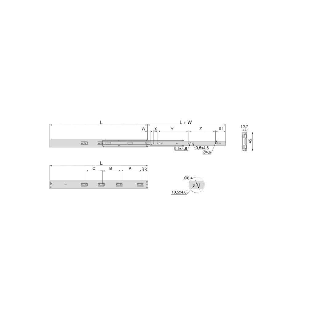 Kit Guide per Cassetti a Sfera 45 x 600 mm Estrazione Totale Zincato 5 Pezzi Emuca