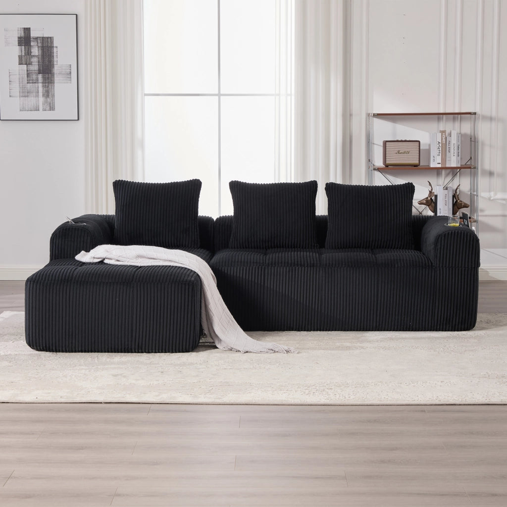 Divano Compatto in Tessuto a Coste con Cuscini ¨C MINIMAL ¨C Nero, Modulare, Portabicchieri