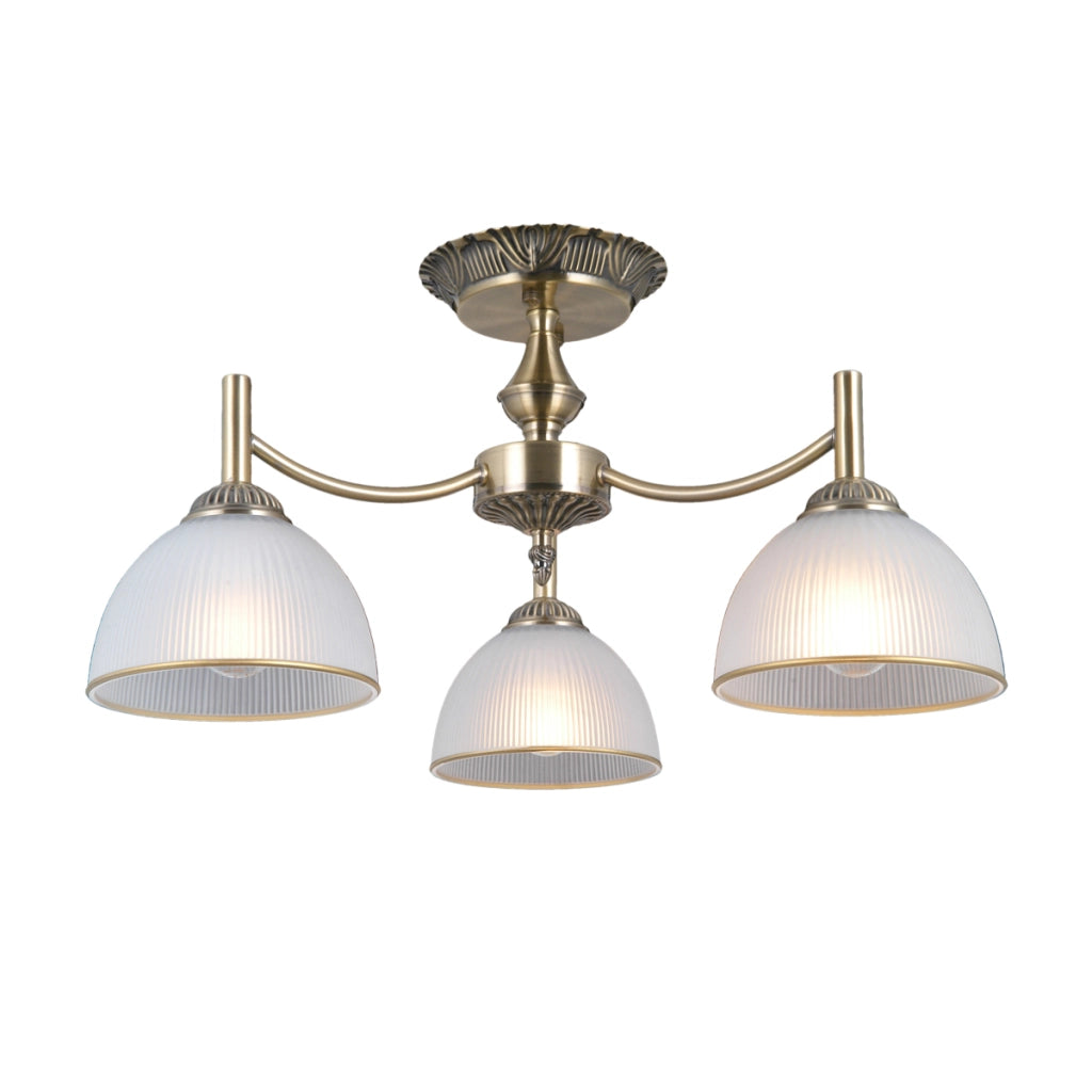 Plafoniera rétro ottone antico, vetri bianchi 3xE27