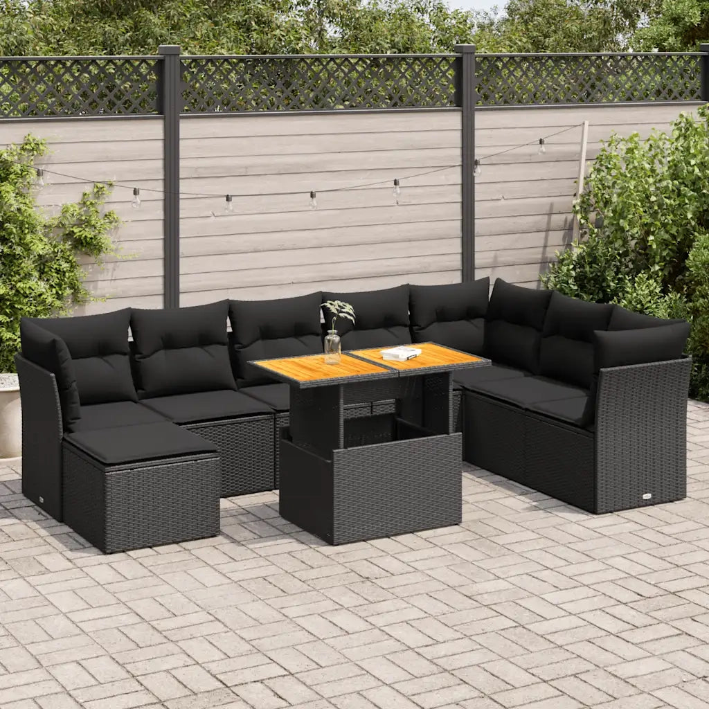 Set Divani da Giardino 9 pz con Cuscini Nero in Polyrattan 3326960