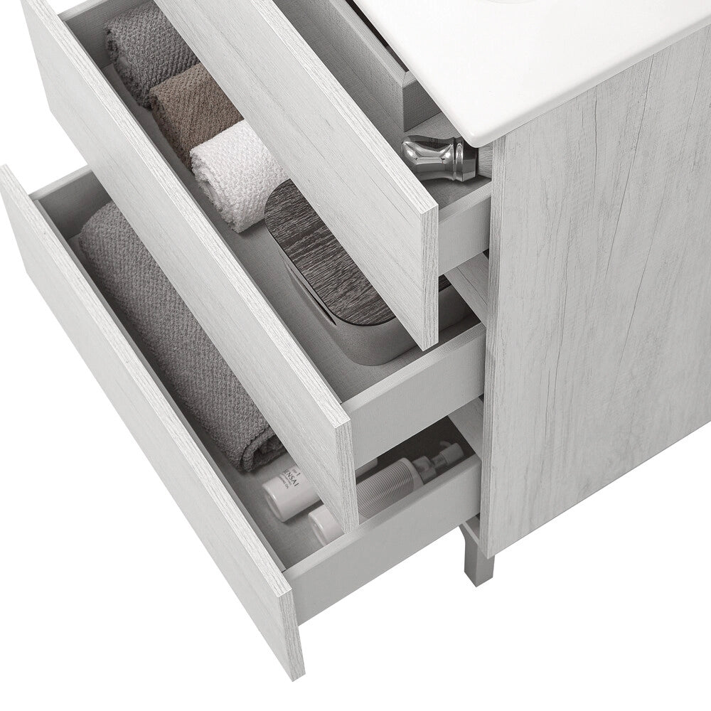 Mobile bagno a terra 60 cm in quercia bianca con lavabo e specchio Leda
