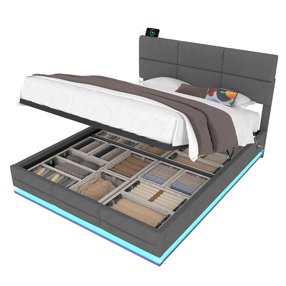 Letto 140x200cm imbottito - Xylo - velluto grigio USB idraulico LED