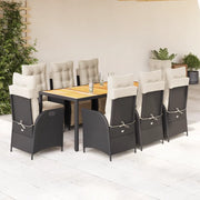 Set da Pranzo da Giardino 9 pz con Cuscini Nero in Polyrattan