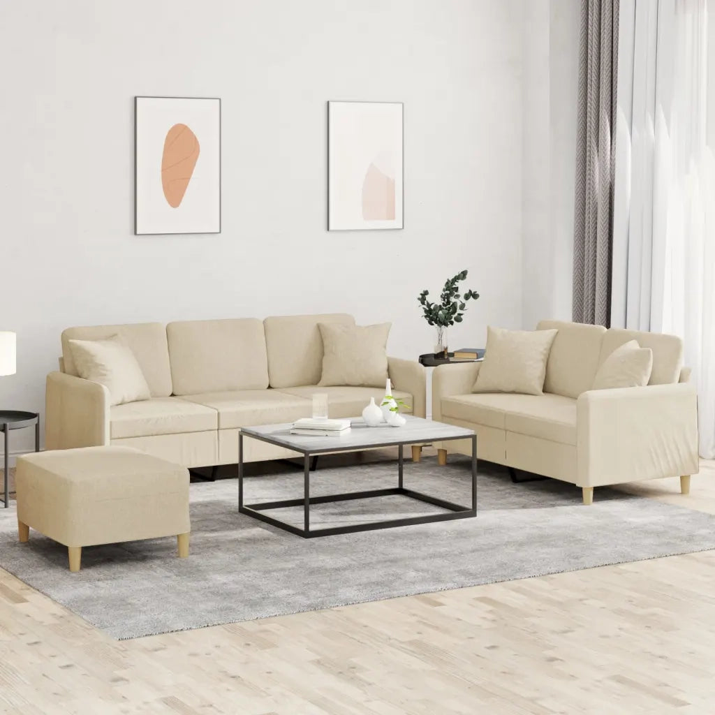 Set Divani 3 pz con Cuscini Crema in Tessuto