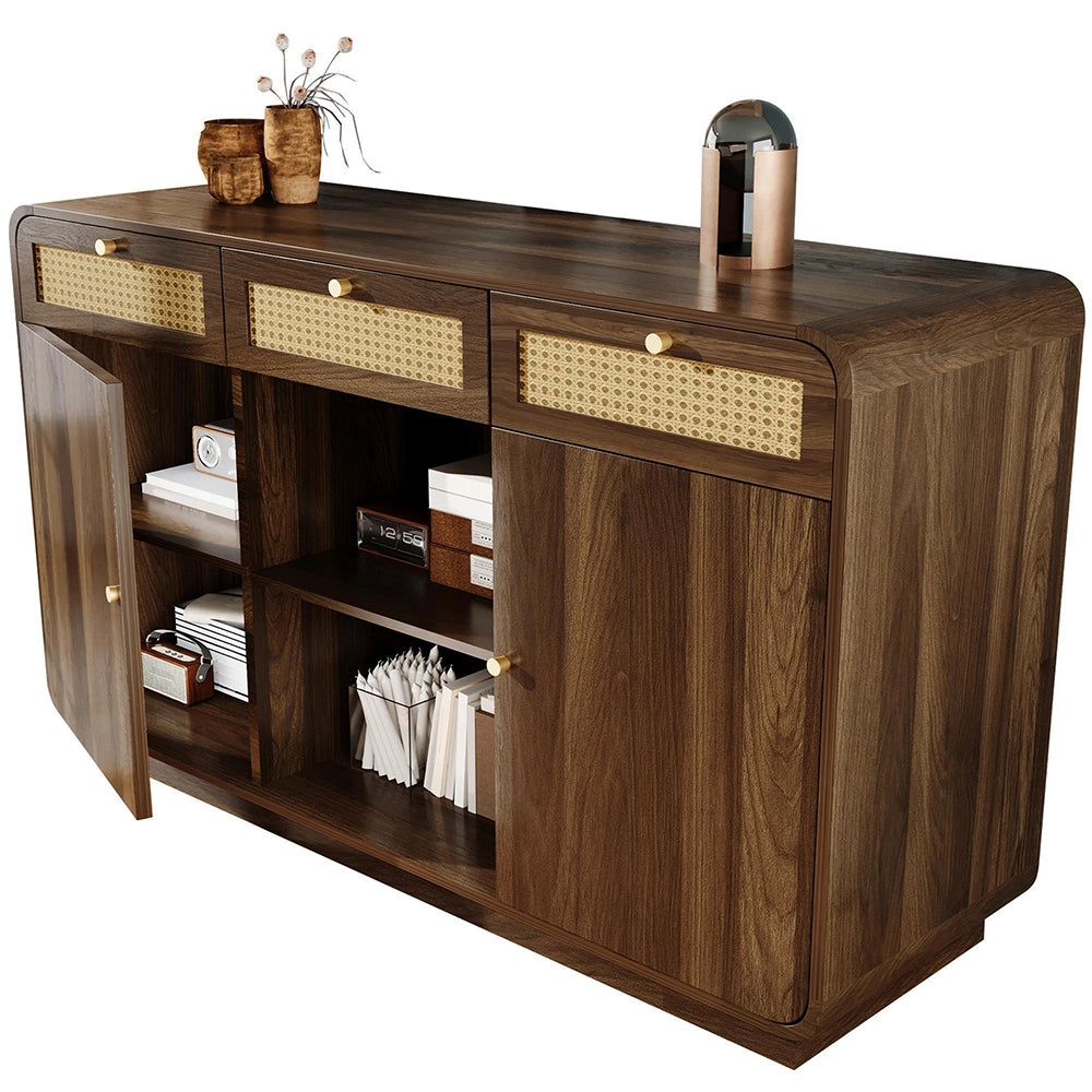 Credenza Sideboard 120cm - Xylo - Noce con 3 Cassetti e Maniglie in Vimini/Oro