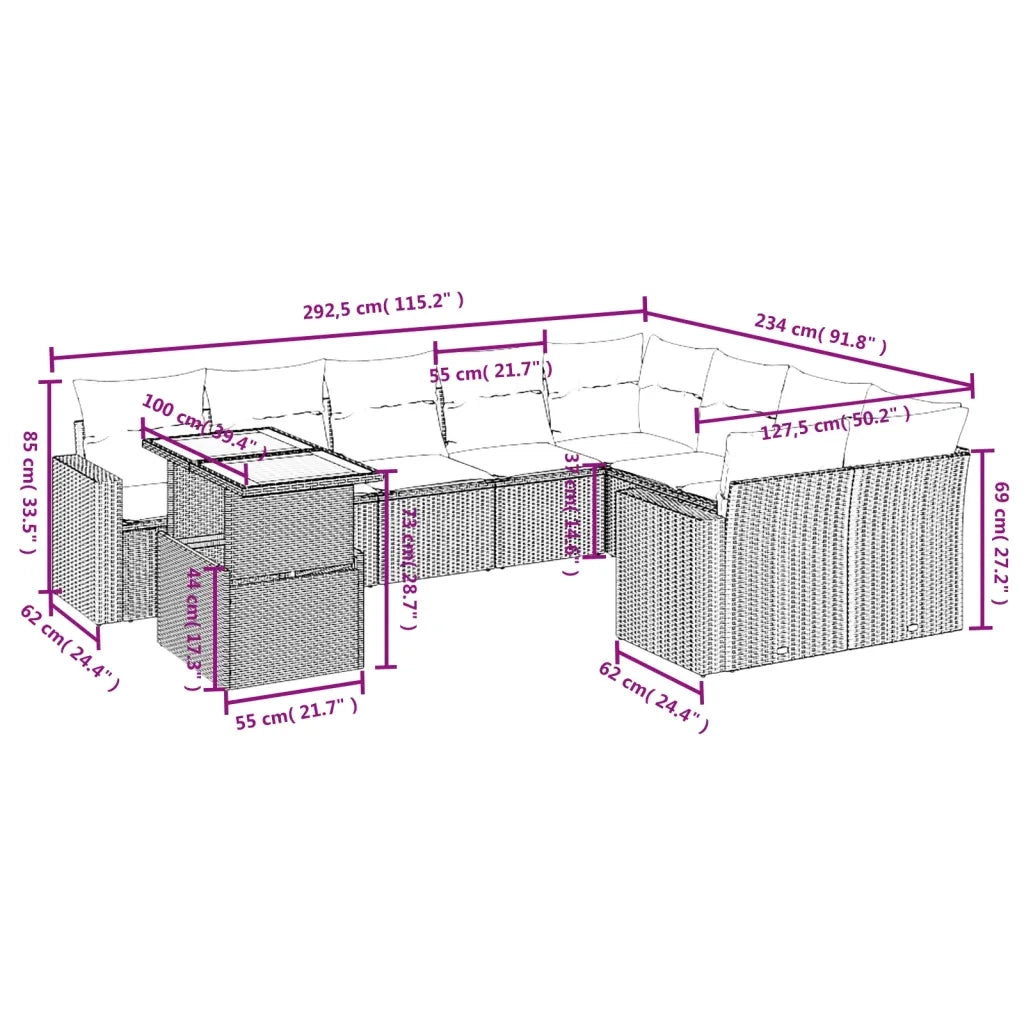 Set Divani da Giardino 10pz con Cuscini in Polyrattan Nero 3271476