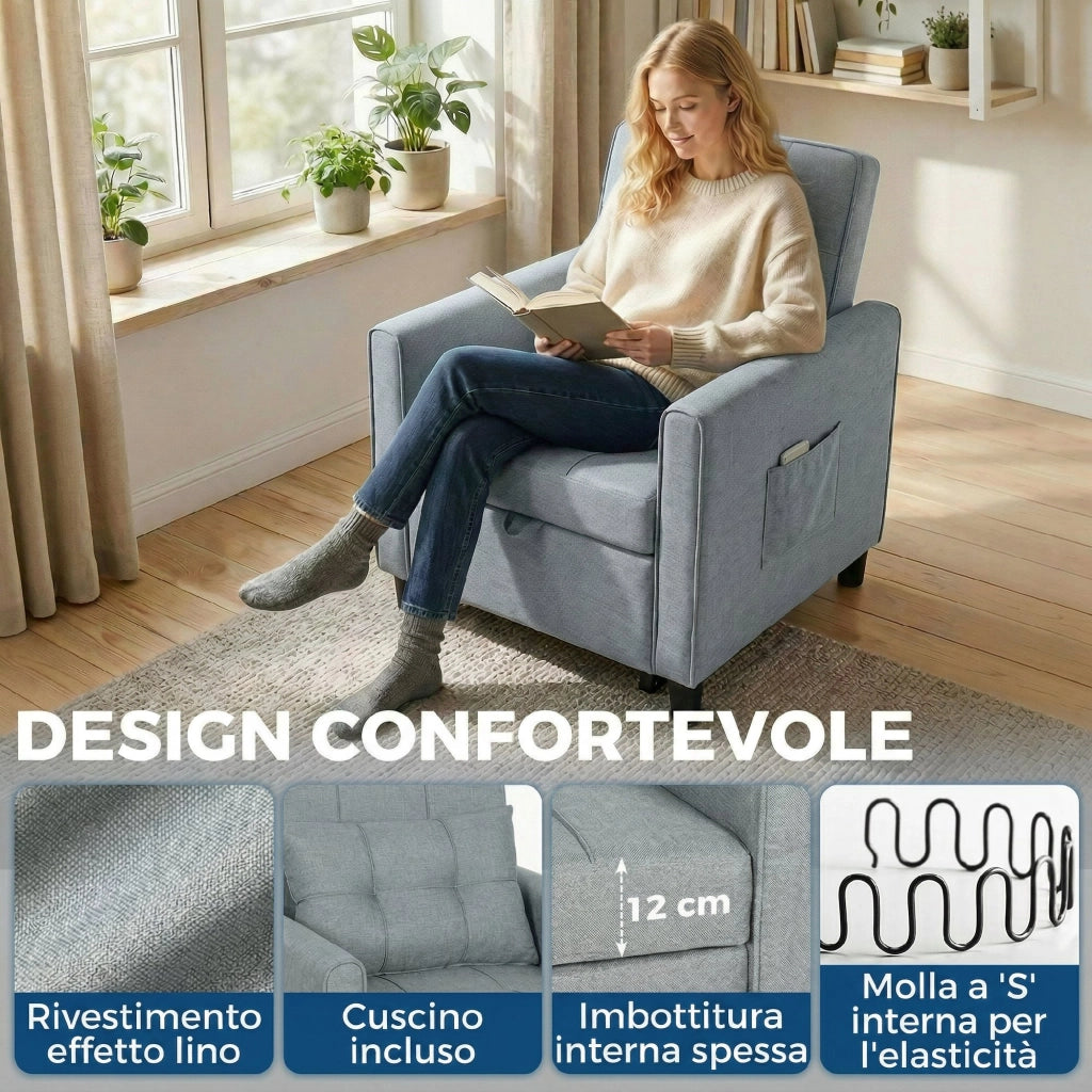 Divano Letto Pieghevole Convertibile con Schienale Regolabile e Cuscino. Grigio