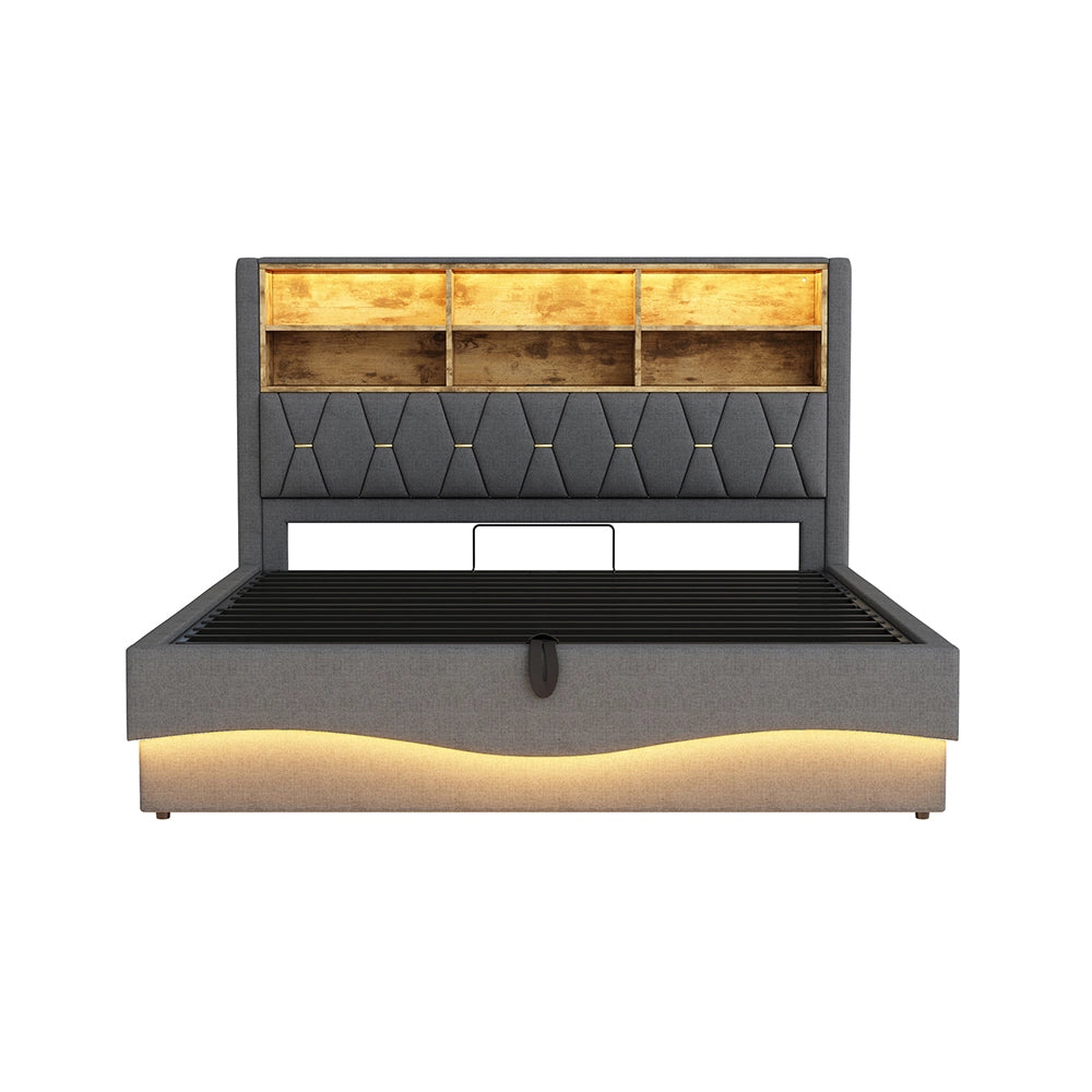 Letto-Xylo-180x200 cm-LED app, USB, metallo, lino grigio