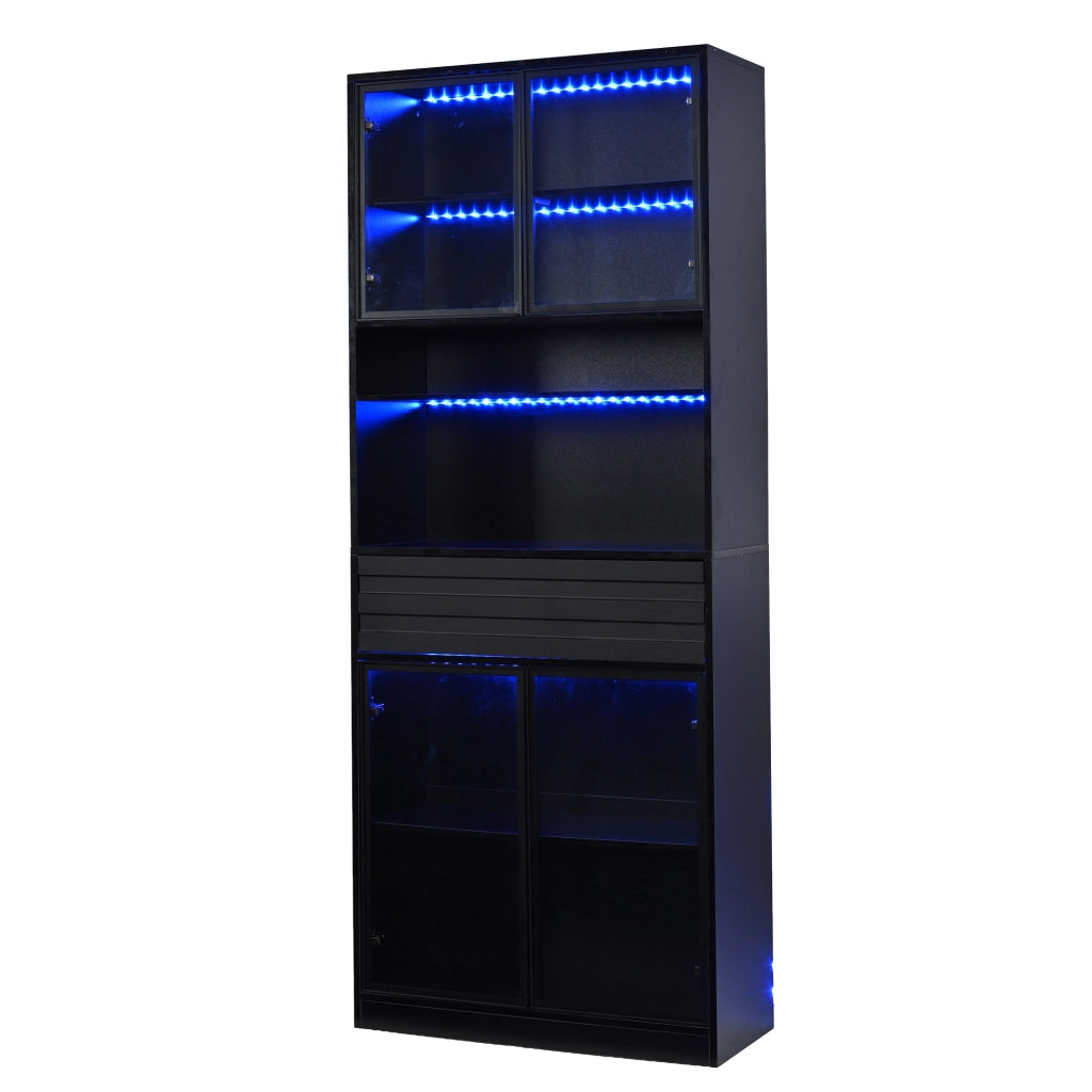 Vetrina con 4 ante in vetro e 1 cassetto con LED controllato da app; per soggiorno; in MDF nero; 80×35×200 cm