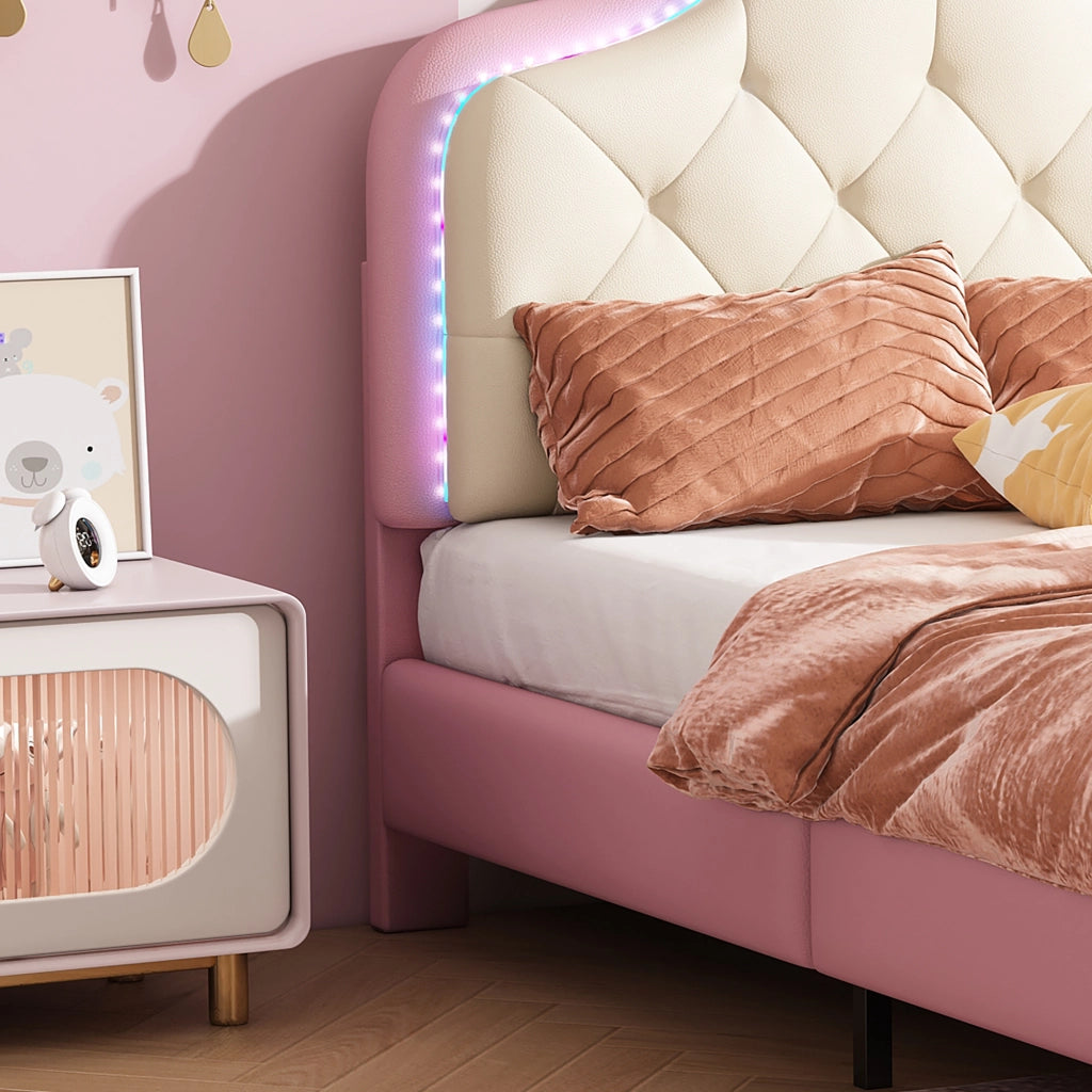 LETTO Imbottito 90x200 cm PU Bianco/Rosa con testiera ondulata e LED