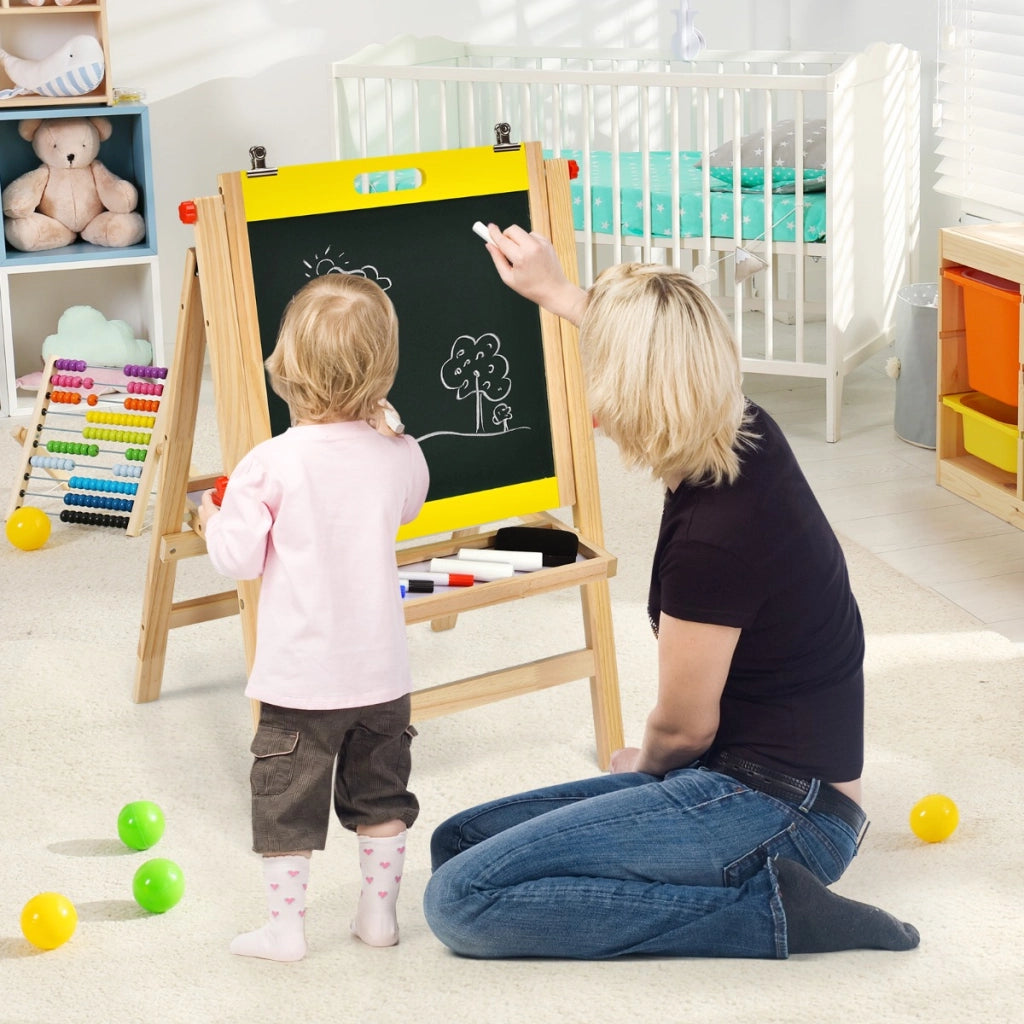 Cavalletto 3 in 1 pieghevole per bambini con altezza regolabile e vassoio, Cavalletto artistico di legno Giallo-Cavalletti e lavagne bambini