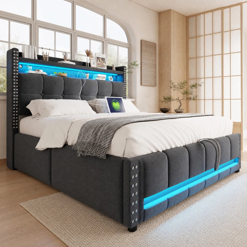 LETTO imbottito 140x200 cm in tessuto grigio con LED, USB e contenitore