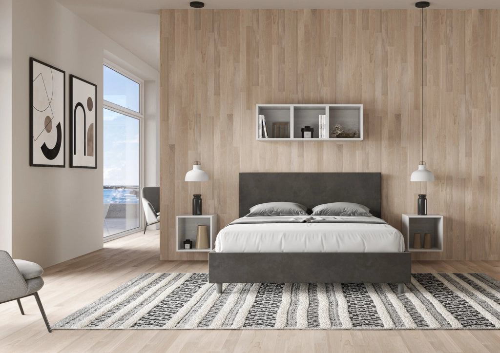 BS COM Letto matrimoniale king size con rete imbottito 170x200 microfibra grigio
