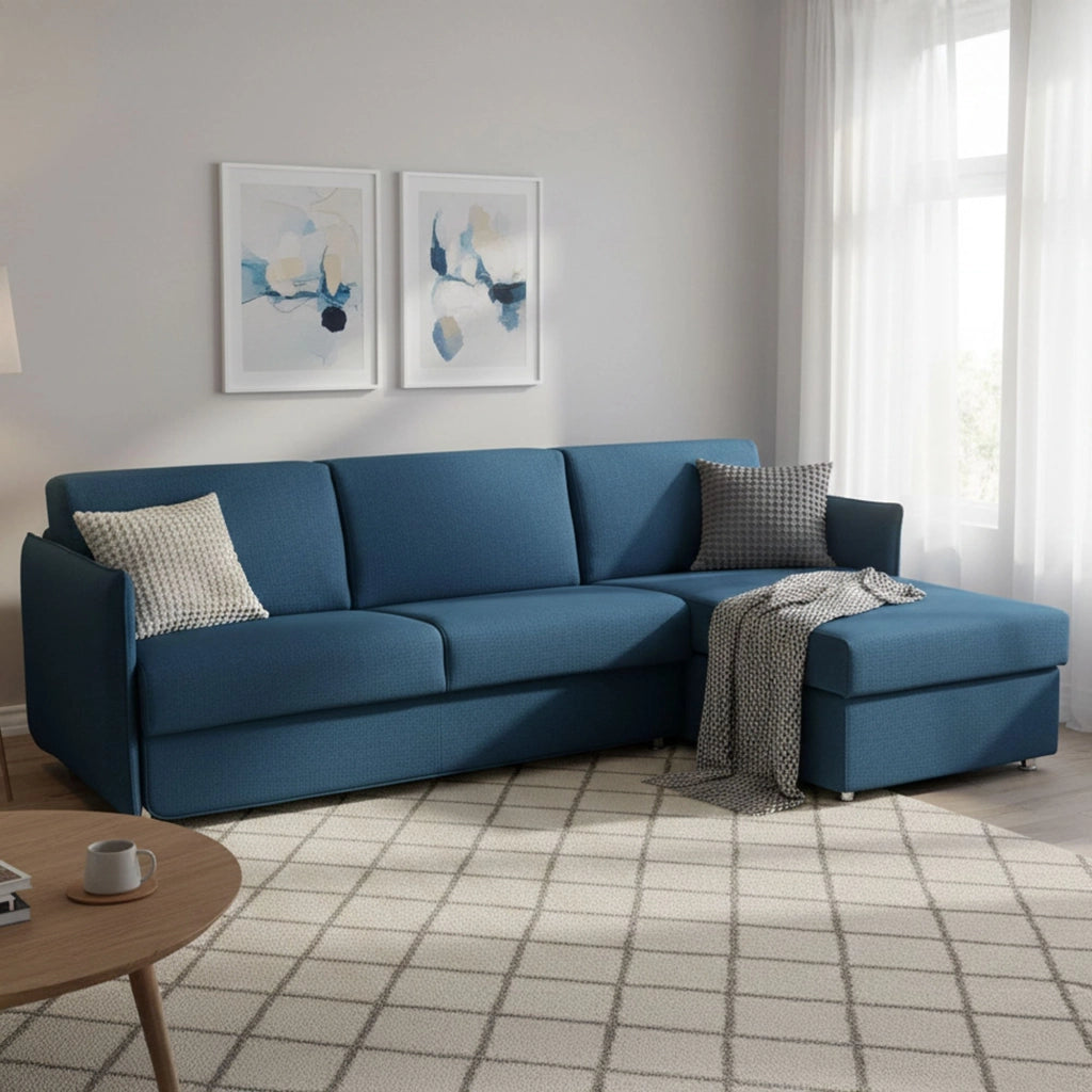 Sumirago, Divano Letto con Penisola Sfoderabile Made in Italy, 260x160 cm blu