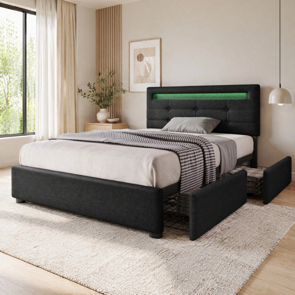 LETTO imbottito 90x200 cm con LED, 2 cassetti, nero