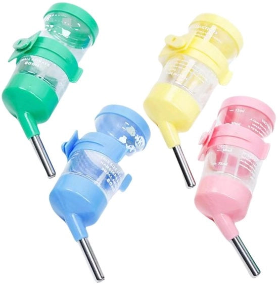 Accessorio per acqua per piccoli animali - Dispenser 80 ml - Fles per acqua per cavia/hamster - Supporto regolabile - Materiale RVS/plastica - Fles per acqua
